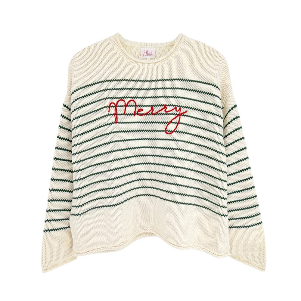 PINK PINEAPPLE Chloe Stripe Rollneck Merry Sweater in Ivory/Green S